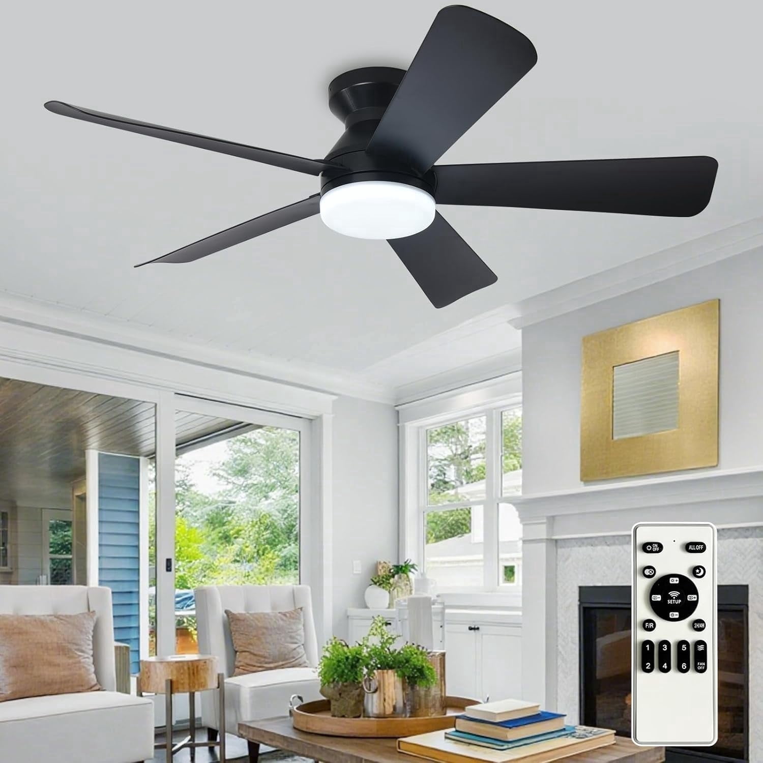 Ceiling Fans With Lights, 42 Inch Low Profile Ceiling Fan with Light and Remote Control, Modern Flush Mount Ceiling Fan With Timming, Dimmable 6 Wind Speed, for Bedroom Indoor/Outdoor Use, Black