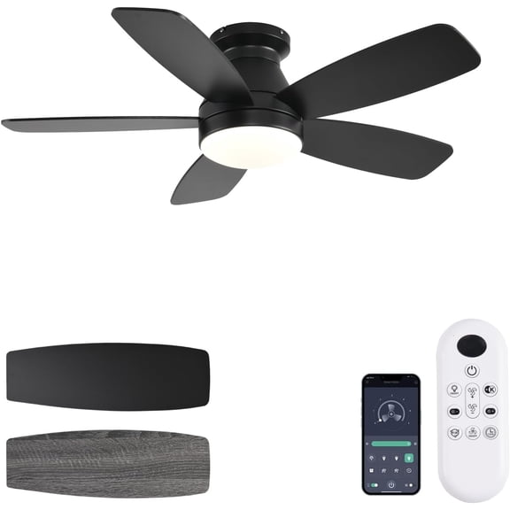Ceiling Fans with Lights 42 Inch Low Profile Fan Light and Remote/App Control Flush Mount Reversible 3CCT Dimmable Noiseless Black for Indoor/Outdoor Use