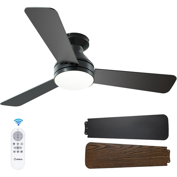 Ceiling Fans with Lights, 42 inch Low Profile Ceiling Fan with Light and Remote Control, Flush Mount, Reversible, 3CCT, Dimmable, Noiseless, Black Ceiling Fan for Bedroom, Indoor/Outdoor Use