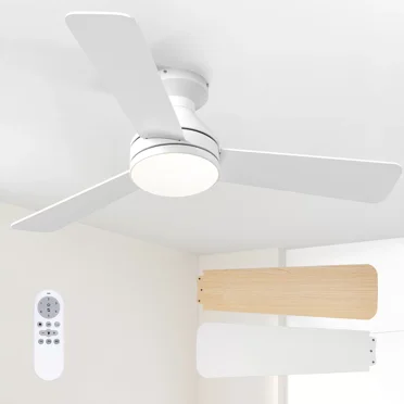 Ceiling Fans with Lights, 42 inch Low Profile Ceiling Fan with Light and Remote Control, Flush Mount, Reversible, 3CCT, Dimmable, Noiseless, White Ceiling Fan for Bedroom, Indoor/Outdoor Use
