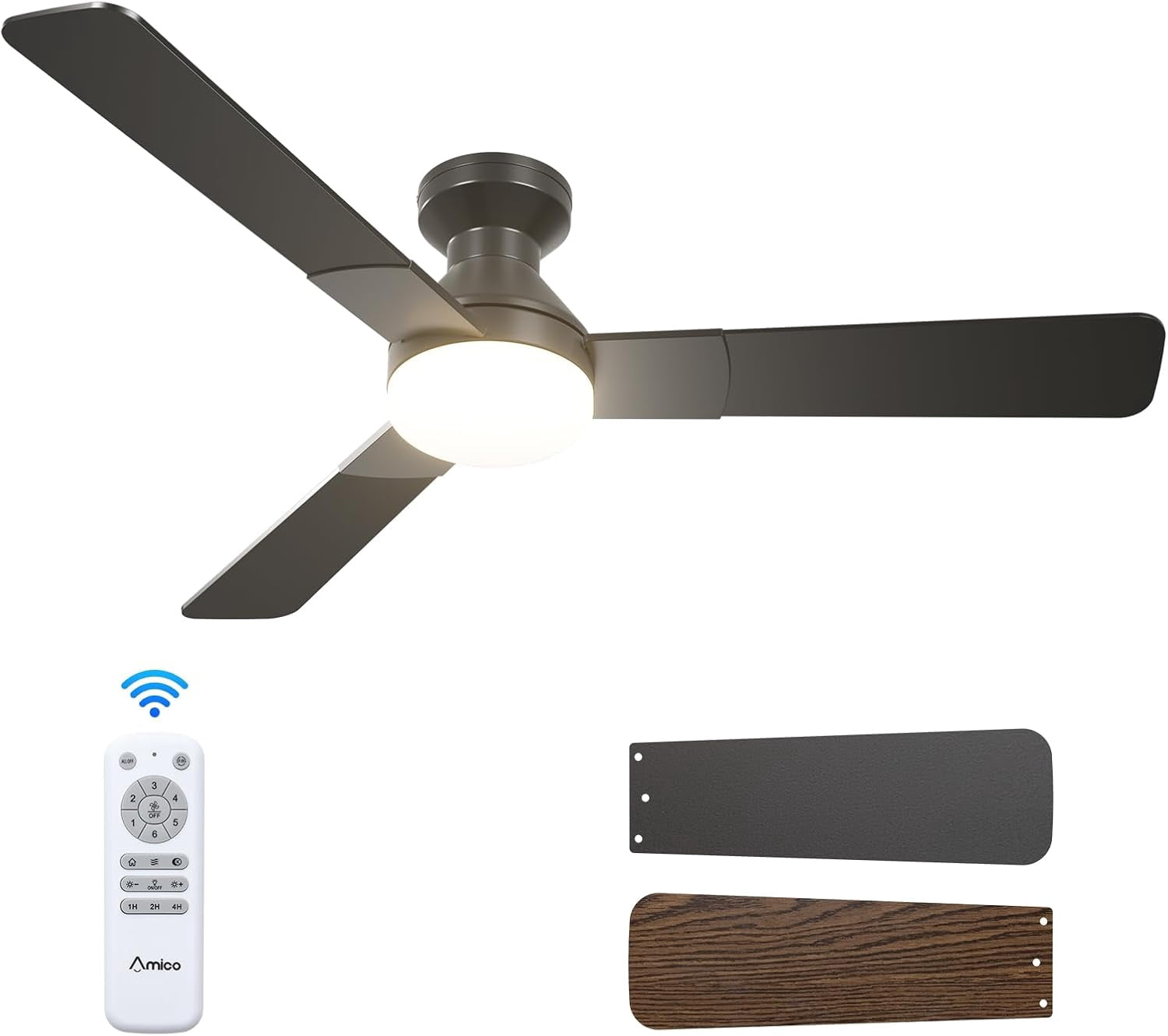 Ceiling Fans with Lights, 42 inch Low Profile Ceiling fan with Light and Remote Control, Flush Mount, Reversible, 3CCT, Dimmable, Noiseless, Black Ceiling Fan for Bedroom, Indoor/Outdoor Use