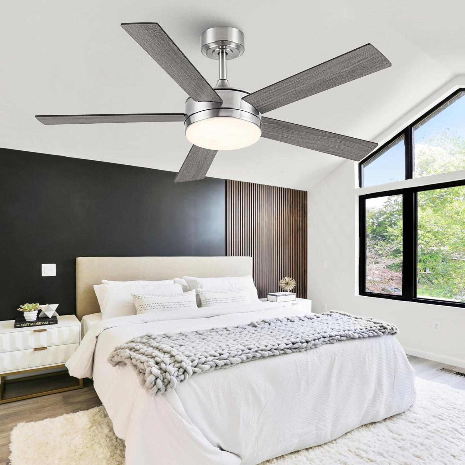42 Inch Brushed Nickel Ceiling Fan With Light - Low Profile Flush Mount With Remote & Dimmable LED