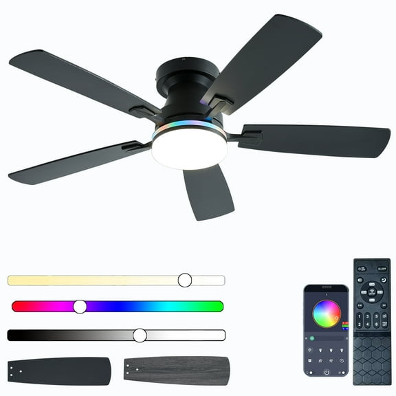 Ceiling Fans with Lights, 48 inch Low Profile Ceiling Fan with Light and Remote Control, Flush Mount RGB Dimmable Light, Noiseless, Black Ceiling Fan for Bedroom Indoor/Outdoor Use