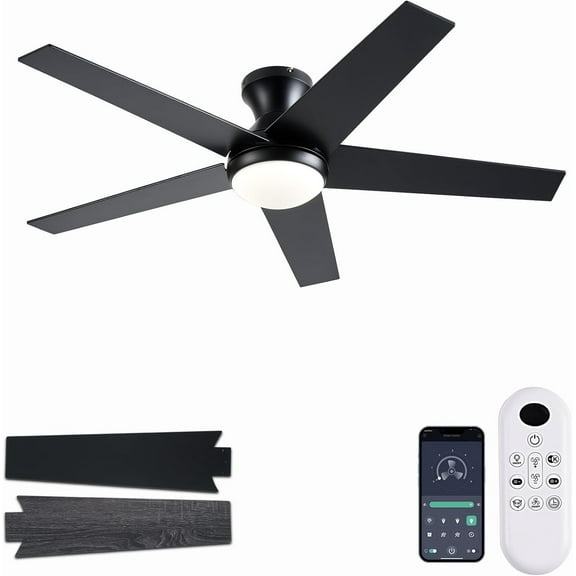 Ceiling Fans with Lights, 48 inch Low Profile Ceiling Fan with Light and Remote Control, Flush Mount, Reversible Motor, Dimmable, Noiseless, Black Ceiling Fan for Bedroom, Indoor/Outdoor Use