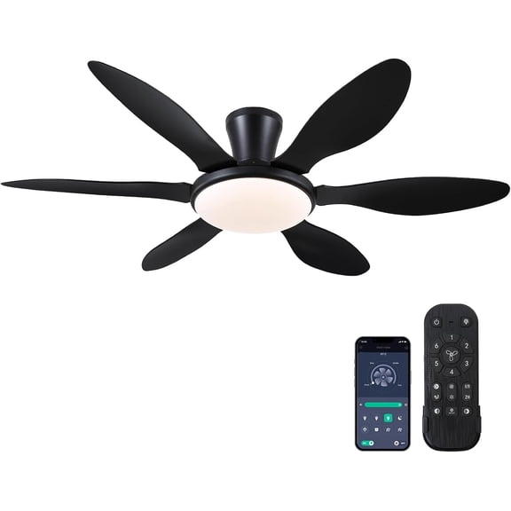 Ceiling Fans with Lights, 51 inch Modern Black Low Profile Fan Light and Remote App Control, Flush Mount, Quiet DC Reversible, Dim Led 6 Blade Softer Wind Indoor/Outdoor Patio