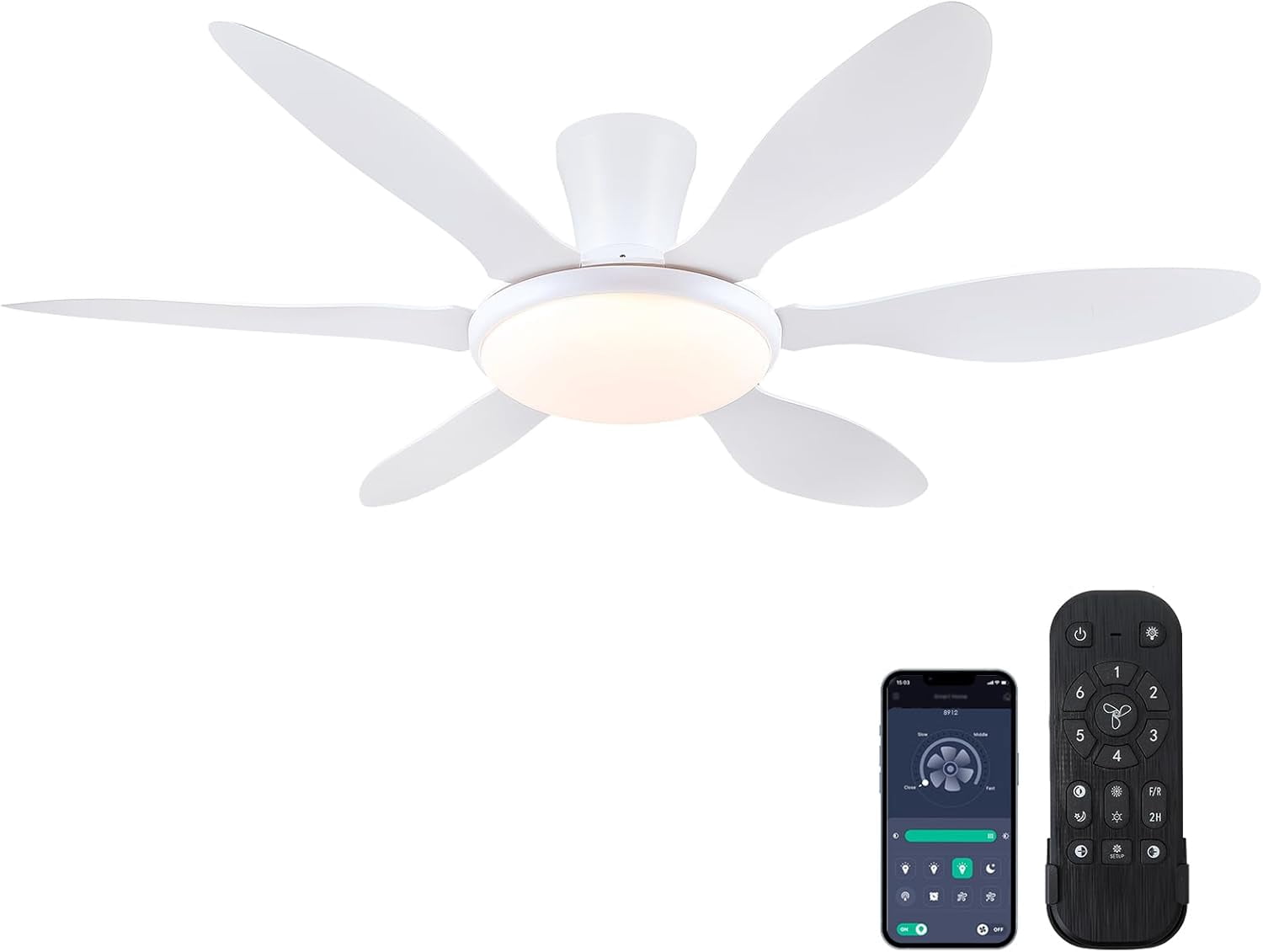 Homechoose 42" Flush Mount Ceiling Fan With Light - Quiet DC Motor, Remote & App Control, 6 Speeds, Reversible For Bedroom/Living Room