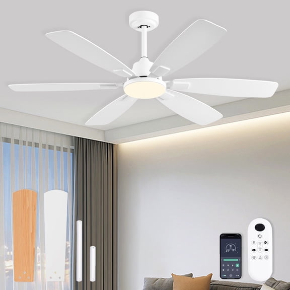 Ceiling Fans with Lights, 52 Inch Ceiling Fan with Light and Remote, 3CCT Dimmable, 6 Speed Reversible DC Motor,5 Blades Modern White Ceiling Fan for Bedroom, Indoor/Outdoor Use