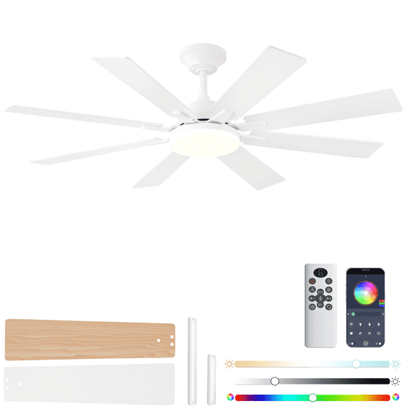 Ceiling Fans with Lights, 52 Inch Ceiling Fan with Light and Remote Control, Reversible DC Motor, 3CCT, Dimmable, Timer, Noiseless, White Ceiling Fan for Bedroom Living Room, Indoor/Outdoor Use