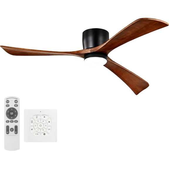 Ceiling Fans with Lights 52 Inch Flush Mount, Wood Blade, LED Dimmable DC Reversible Modern Ceiling Fan with Remote Control for Bedrooms, Living Rooms, Patio, Black