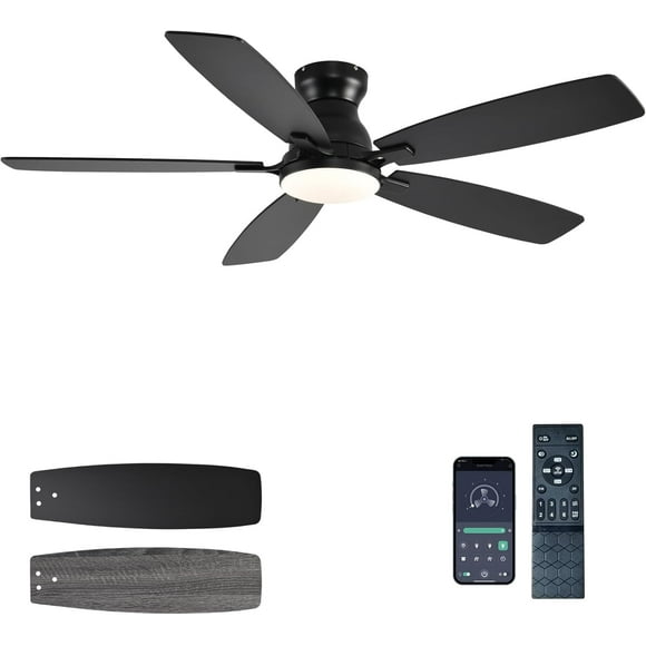 Ceiling Fans with Lights, 52 Inch Low Profile Ceiling Fan with Light and Remote Control, Flush Mount, DC Reversible Motor, Noiseless, Black 6 Speeds Ceiling Fan for Bedroom