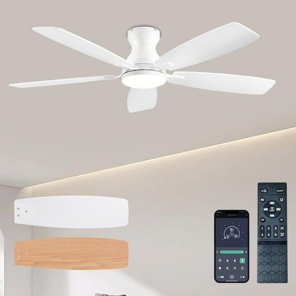 Ceiling Fans with Lights, 52 Inch Low Profile Ceiling Fan with Light and Remote Control, Flush Mount, DC Reversible Motor, Noiseless, Nickle 6 Speeds Ceiling Fan for Bedroom