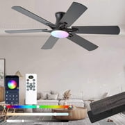 Ceiling Fans with Lights, 52 Inch Low Profile Ceiling Fan with Light and Remote, Flush Mount, Quiet, Reversible, 3CCT, Dimmable, Black RGB Ceiling Fan for Bedroom, Living Room, Indoor/Outdoor