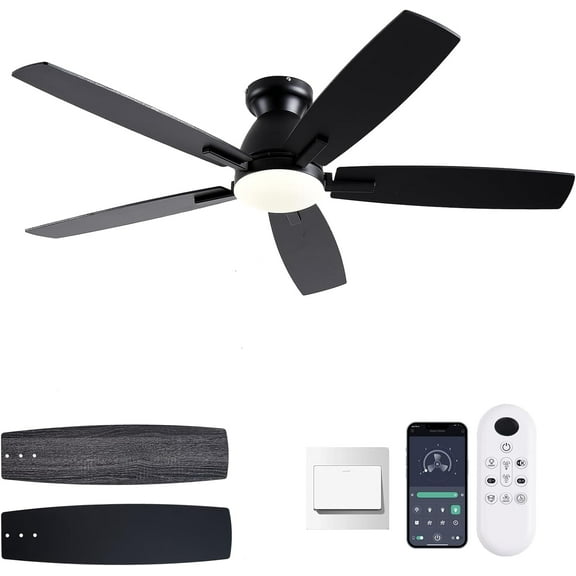Ceiling Fans with Lights, 52 Inch Low Profile Ceiling Fan with Remote/App Control, Flush Mount, DC Reversible Motor, Dimmable LED Black Ceiling Fans for Bedroom,Indoor/Outdoor Patio Use
