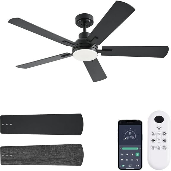 Ceiling Fans with Lights, 52 Inch Low Profile Flush Mount Ceiling Fan with Light and Remote Control, DC Reversible Motor, Noiseless, Dimmable,Black 6 Speeds Ceiling Fan for Bedroom