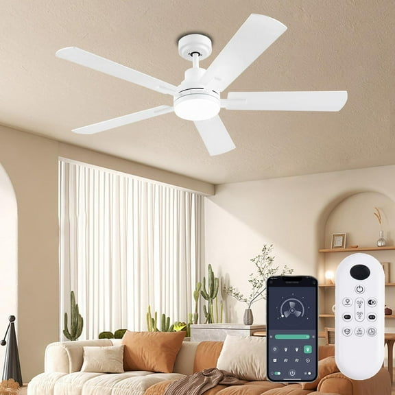 Ceiling Fans with Lights, 52 Inch Low Profile Flush Mount Ceiling Fan with Light and Remote Control, DC Reversible Motor, Noiseless, Dimmable,White 6 Speeds Ceiling Fan for Bedroom