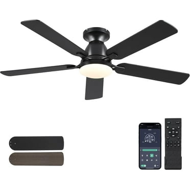Ceiling Fans with Lights- 52" Low Profile Indoor Ceiling Fan with Light and Remote/APP Control, Flush Mount, LED Dimmable DC Reversible Modern Ceiling Fan for Bedroom（Black）