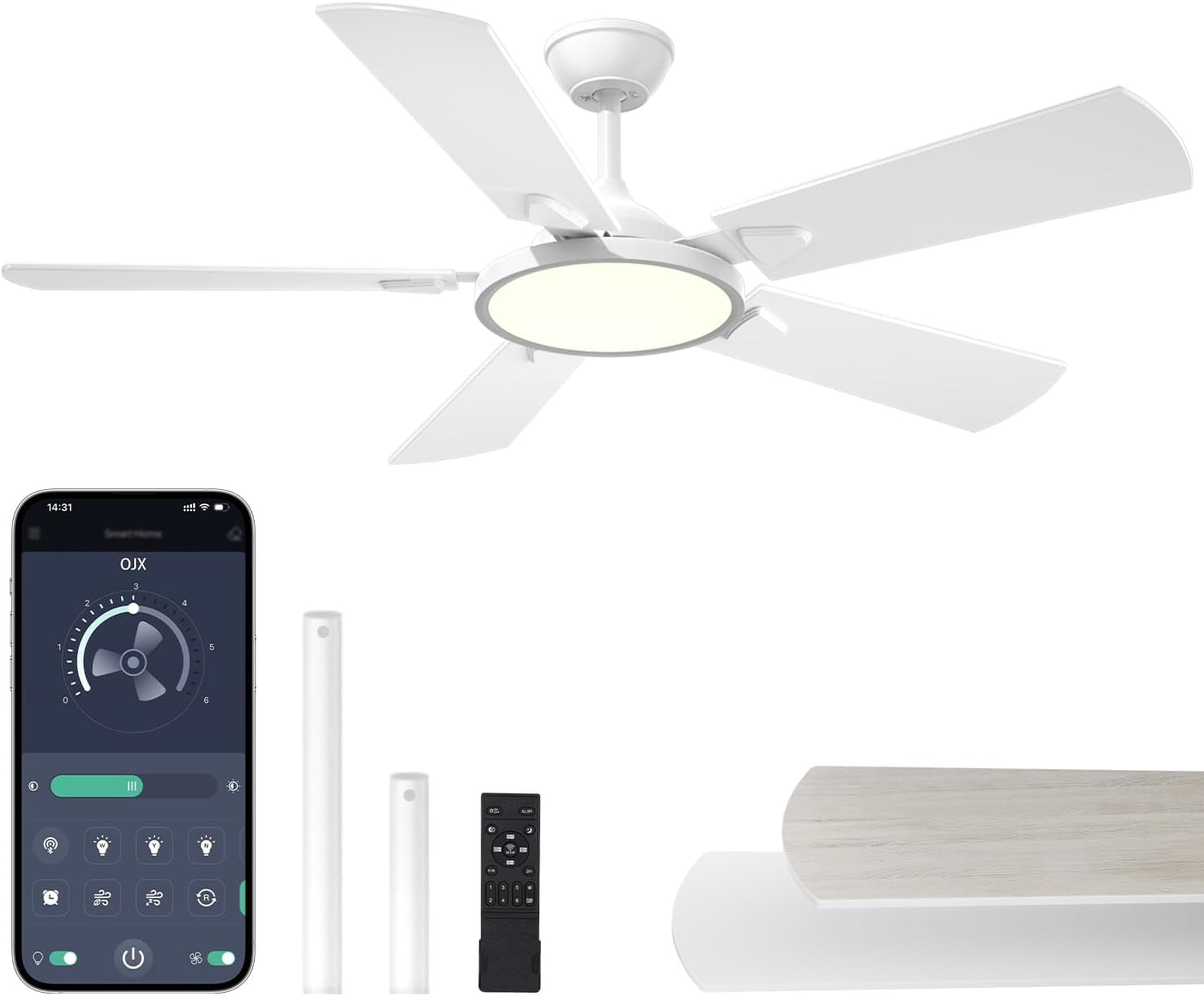 Ceiling Fans with Lights, 52 inch Ceiling fan with Light and Remote/APP Control, 3CCT, Quiet DC Reversible, Dimmable, Modern Ceiling Fan for Bedroom, Living Room, Kitchen, Indoor/Outdoor Use