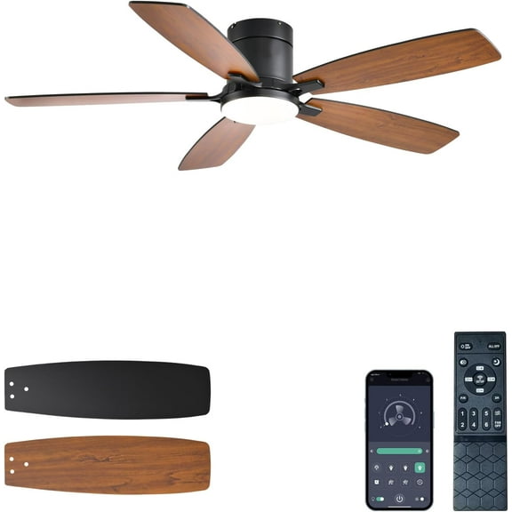 Ceiling Fans with Lights, 52 inch Low Profile Ceiling Fan with Light and Remote Control, Flush Mount, LED Dimmable DC Reversible Modern Ceiling Fan for Bedroom