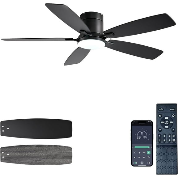 Ceiling Fans with Lights, 52 inch Low Profile Ceiling Fan with Light and Remote Control, Flush Mount, Reversible Motor, Dimmable, Noiseless, Black Ceiling Fan for Bedroom, Indoor/Outdoor Use