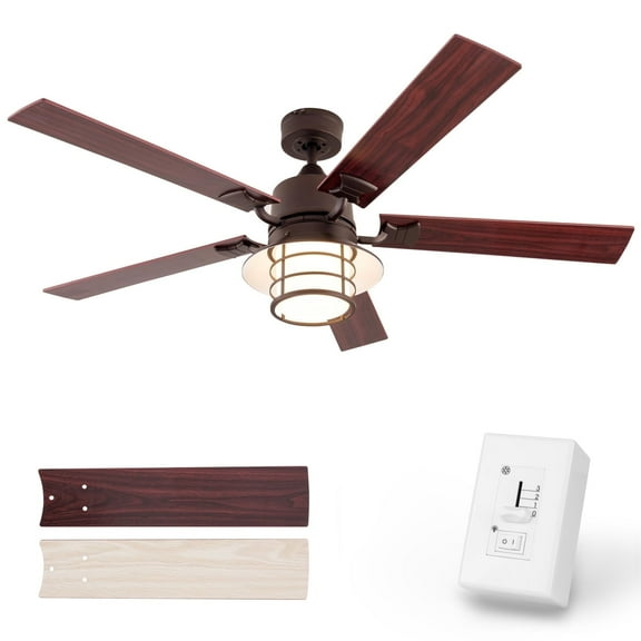 Ceiling Fans with Lights, Pull Chain Control, Reversible AC Motor, Walnut/Oak Reversible Blades, Flush Mount and Downrod Mount, Simple Ceiling Fan for Bedroom Living Room(52-Inch)