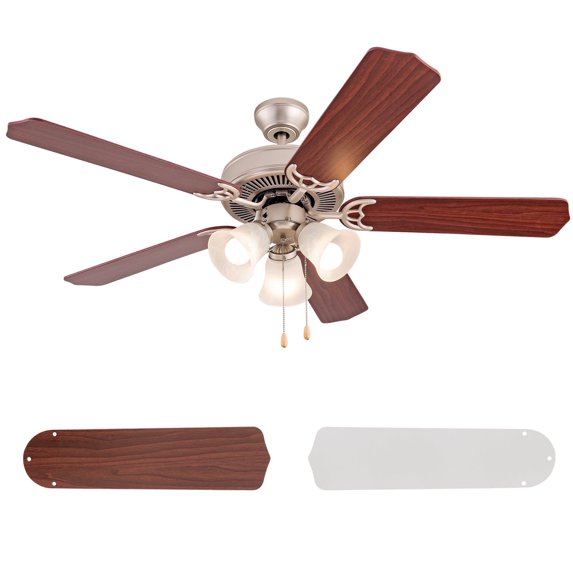 Ceiling Fans with Lights, Pull Chain Control, Reversible AC Motor, Walnut/Silver Reversible Blades, Flush Mount and Downrod Mount, Vintage Ceiling Fan for Bedroom Living Room(52-Inch)
