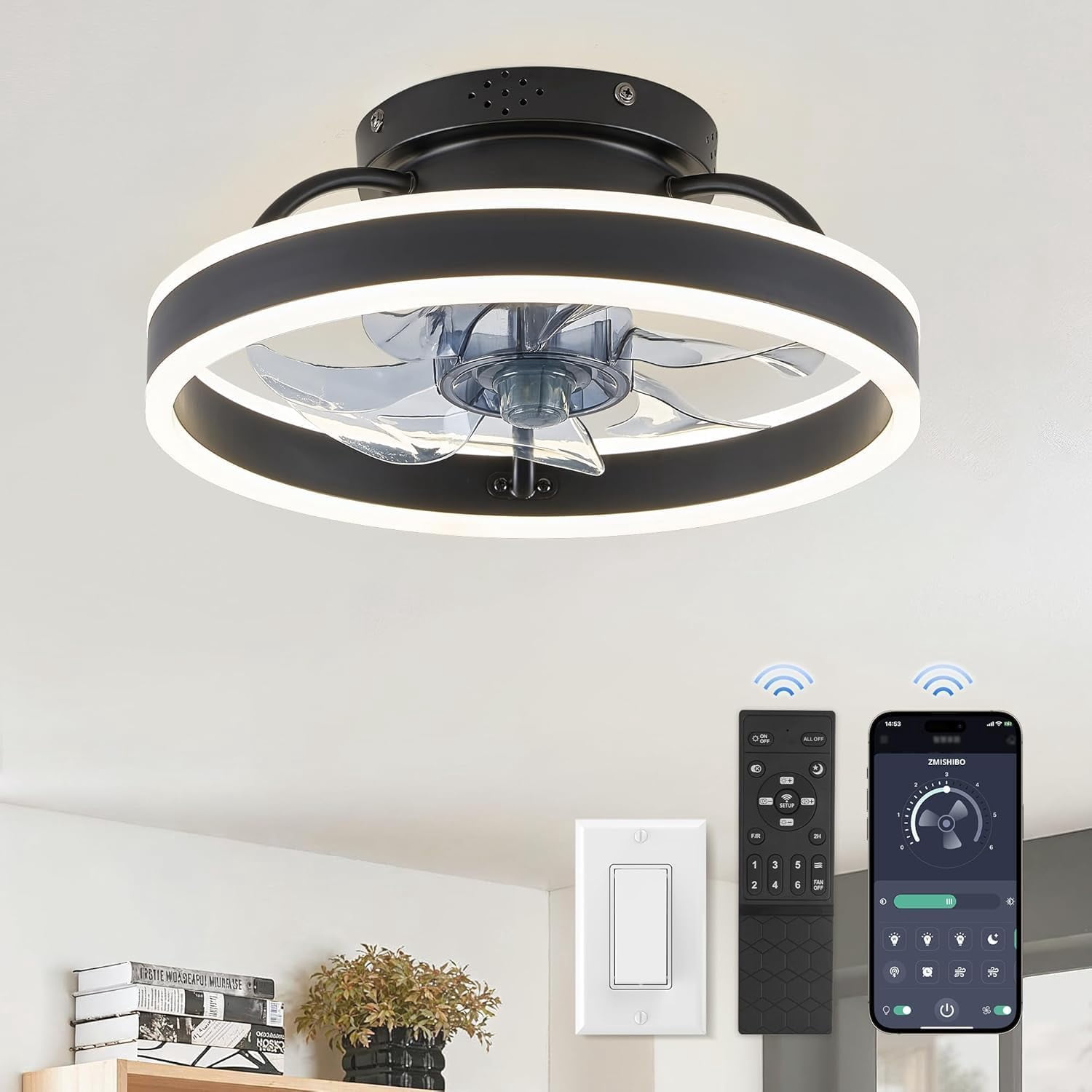 Ceiling Fans with Lights and Remote, 19.7'' Low Profile Ceiling Fan, 3000-6000K Dimmable Modern Flush Mount LED Fan Light, 6 Wind Speeds, Black Fandelier Ceiling Fans for