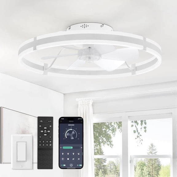 Ceiling Fans with Lights and Remote, 19.7'' Low Profile Ceiling Fan, 3000-6000K Dimmable Modern Flush Mount LED Fan Light, 6 Wind Speeds, Black Fandelier Ceiling Fans for