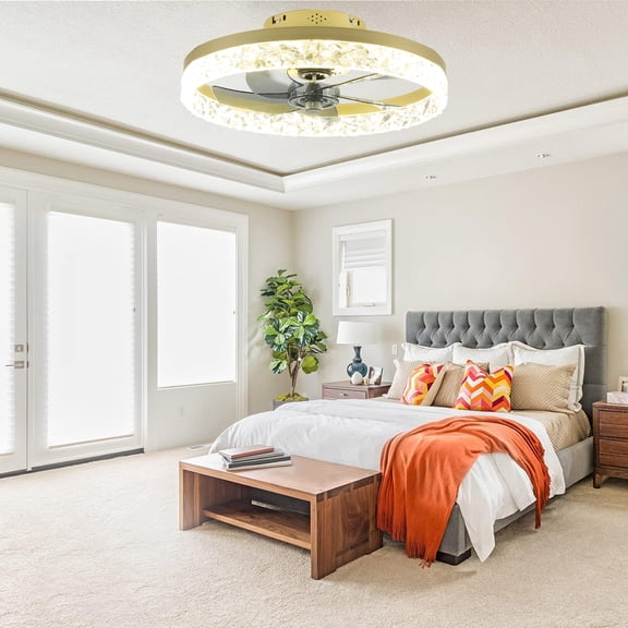 Ceiling Fans with Lights and Remote, 20 Inch Modern Flush Mount Ceiling Fan with Light, Modern Low Profile Ceiling Fan with Light, 3000K-6500K Dimmable LED Fan Light, for Bedroom, Living Room, Gold