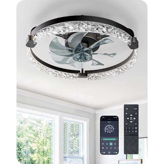 Ceiling Fans with Lights and Remote, 20'' Low Profile Ceiling Fan, 3000-6000K Dimmable, 6 Speeds LED Modern Flush Mount Fan Light, DC Motor, APP Control, Fandelier for Bedroom, Kitchen