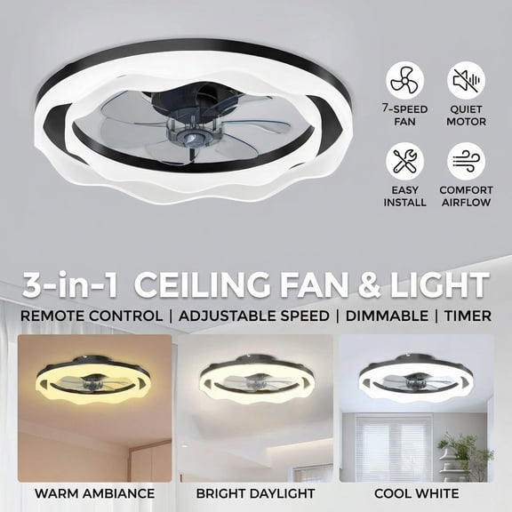 Ceiling Fans with Lights and Remote,20'' Low Profile Ceiling Fan with Light,Dimmable LED Smart Ceiling Fan,Modern Fan Light for Bedroom,Living Room,Black