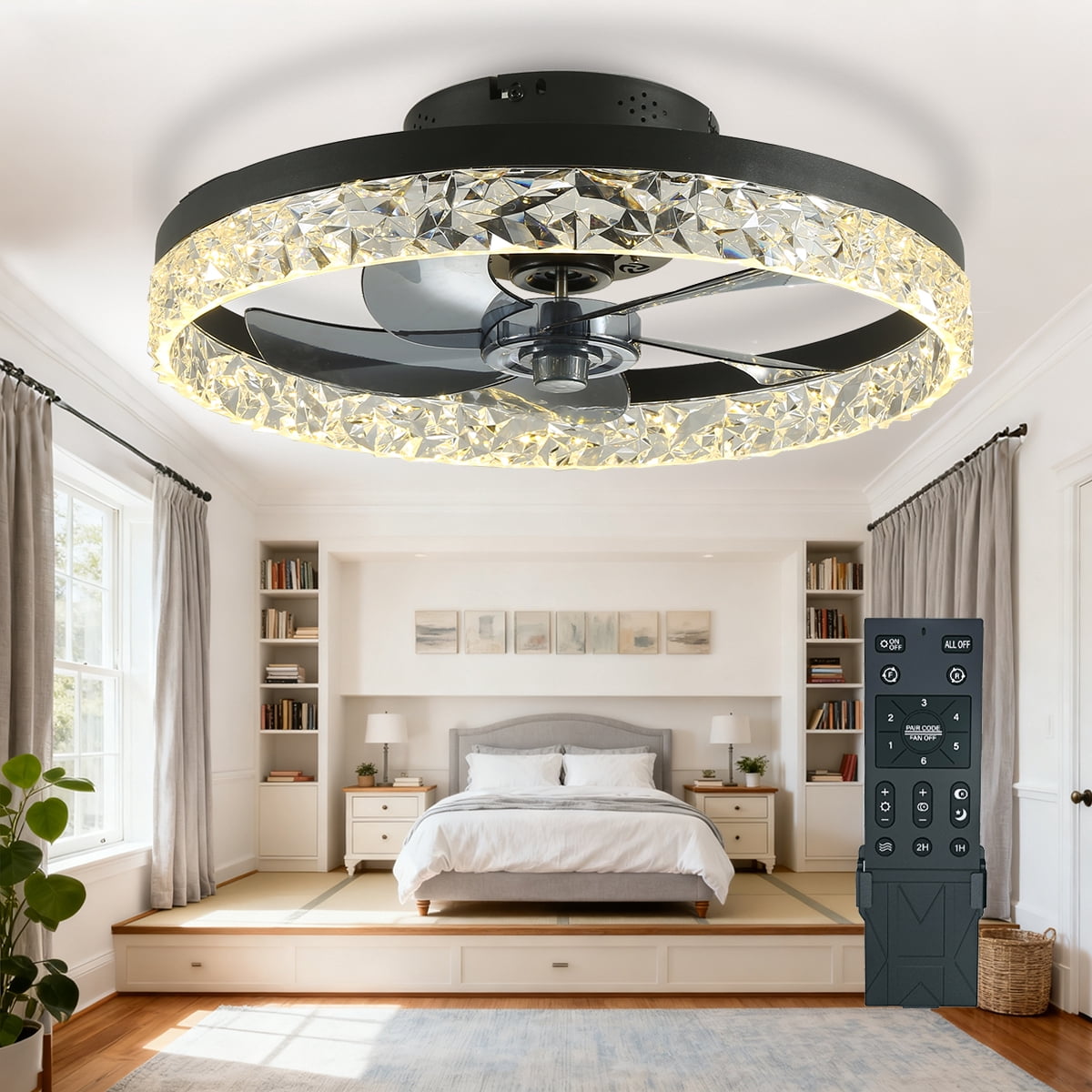Ceiling Fans with Lights and Remote, 20'' Low Profile Ceiling Fans, 3000-6000K Dimmable Modern Flush Mount LED Fan Light, Fandelier Ceiling Fan for Bedroom, Kitchen, Living Room, Black