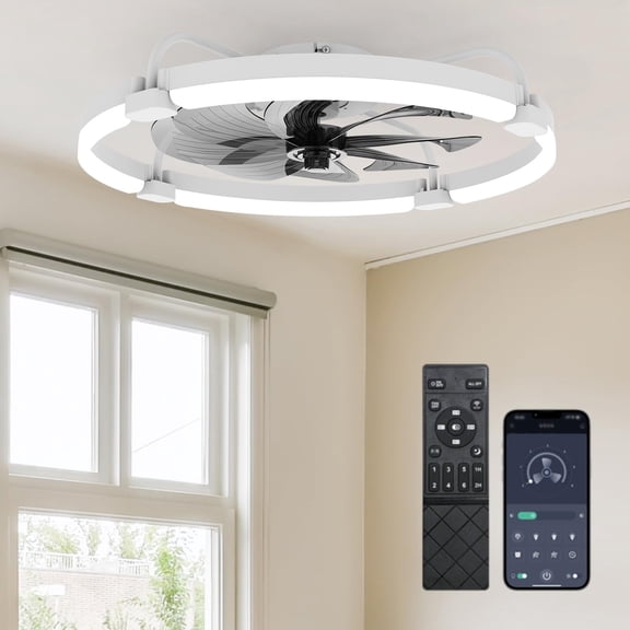 Ceiling Fans with Lights and Remote, 24'' Low Profile Ceiling Fan Flush Mount, APP Control, 6 Speed, 3CCT, Quiet Reversible DC Motor, Dimmable Modern Ceiling Fan with Light for Bedroom-White