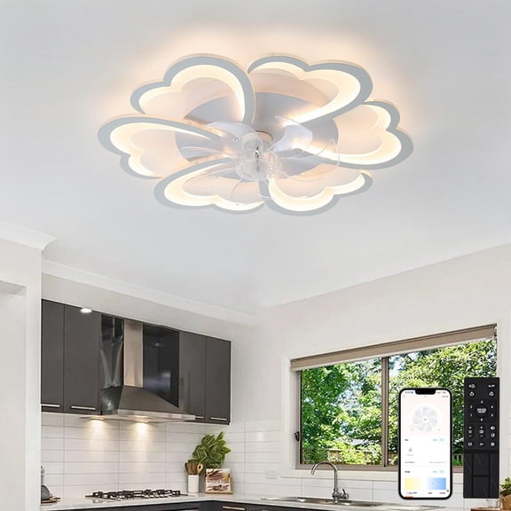 Ceiling Fans with Lights and Remote, 27'' Low Profile Ceiling Fans, 3000-6000K Dimmable Modern Flush Mount LED Fan Light, Fandelier Ceiling Fan for Bedroom, Kitchen, Living Room, White