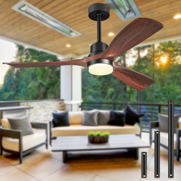 Ceiling Fans with Lights and Remote, 52 Inch Outdoor Ceiling Fan for Patios Indoor with 3 Downrods, 3  Modern Ceiling Fan, 6 Speed Reversible Quiet DC  Solid  Fan,52in,Walnut