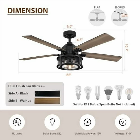 Ceiling Fans with Lights and Remote, Black Farmhouse Rustic Ceiling Fan for Bedroom Living Room, 52 Inch Chandelier Fans Outdoor Indoor, 3 Speeds, Reversible 5 Blades, Ventilador d