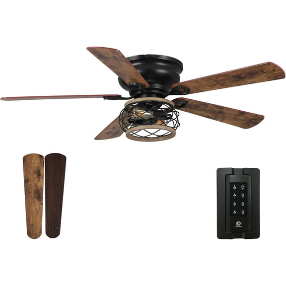 Ceiling Fans with Lights and Remote,Farmhouse Flush Mount Ceiling Fans for Bedroom Living Room, UL Listed Rustic Low Profile Fan Indoor Outdoor, Reversible AC Motor, 5 Wood Blades (Black-San Antonio)