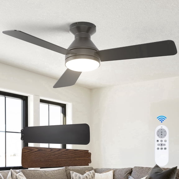 AIDEL 42 inch Ceiling Fan with Light, 3-Blade Flush Mount Ceiling Fan, Reversible DC Motor, 6-Speed, Dimmable 3CCT LED, Remote Control, Black