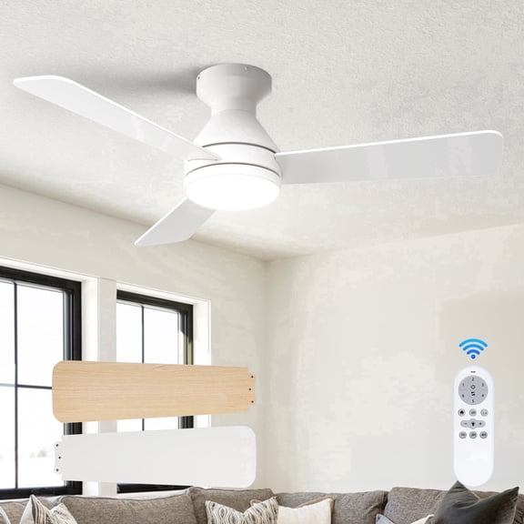 AIDEL 42 inch Ceiling Fan with Light, 3-Blade Flush Mount Ceiling Fan, Remote Control, Reversible DC Motor, 6-Speed, Dimmable 3CCT LED, White