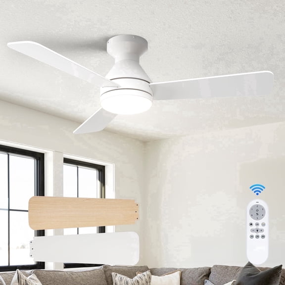 AIDEL 42 inch Ceiling Fan with Light, 3-Blade Flush Mount Ceiling Fan, Remote Control, Reversible DC Motor, 6-Speed, Dimmable 3CCT LED, White