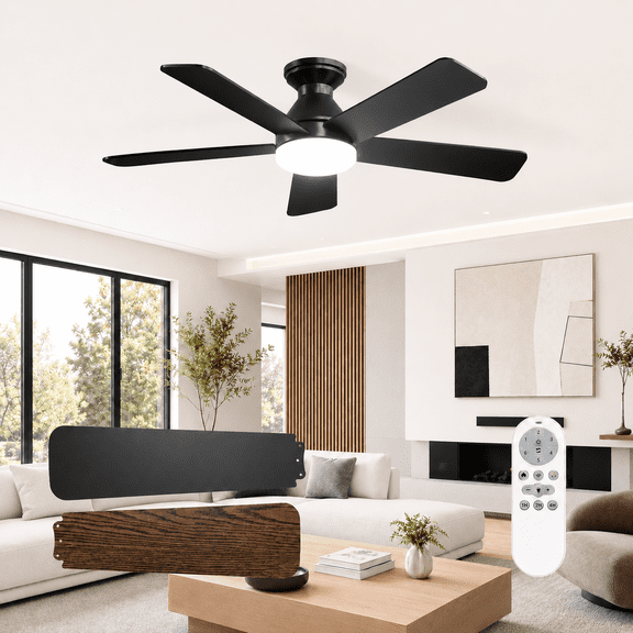 AIDEL 42" Ceiling Fan with Light, 5-Blade Flush Mount Ceiling Fan, Reversible DC Motor, 6-Speed, Dimmable 3CCT LED, Remote Control, Black