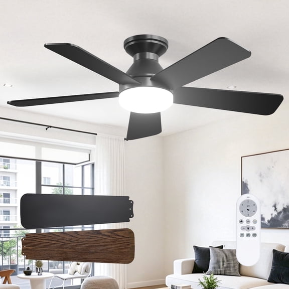 AIDEL 42" Ceiling Fan with Light, 5-Blade Flush Mount Ceiling Fan, Reversible DC Motor, 6-Speed, Dimmable 3CCT LED, Remote Control, Black