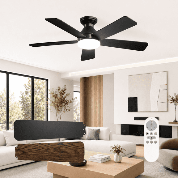 AIDEL 42" Ceiling Fan with Light, 5-Blade Flush Mount Ceiling Fan, Reversible DC Motor, 6-Speed, Dimmable 3CCT LED, Remote Control, Black