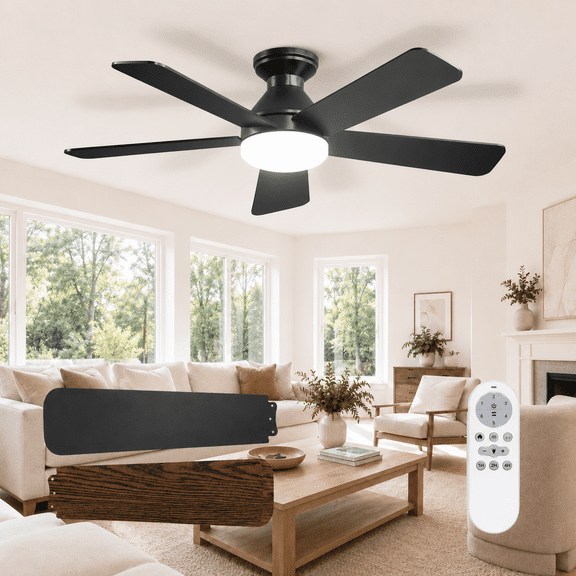 AIDEL 42" Ceiling Fan with Light, 5-Blade Flush Mount Ceiling Fan, Reversible DC Motor, 6-Speed, Dimmable 3CCT LED, Remote Control, Black