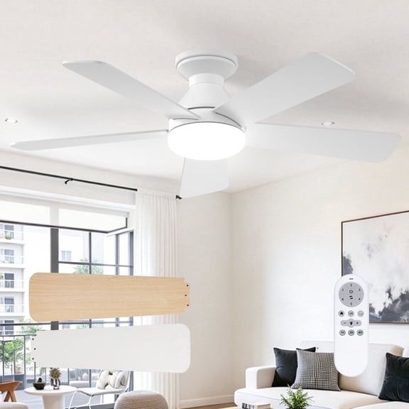 AIDEL 42" Ceiling Fan with Light, 5-Blade Low Profile Flush Mount Ceiling Fan, Remote Control, Reversible DC Motor, 6-Speed, Dimmable 3CCT LED, White