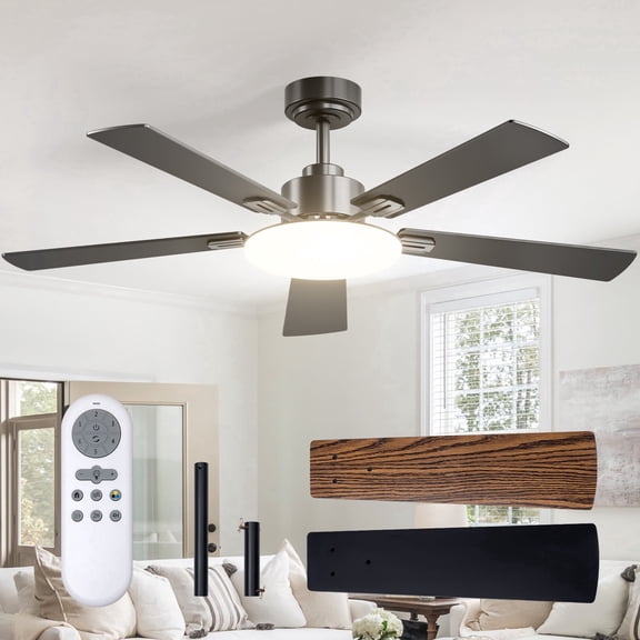 Ceiling Fans with Lights, 52" 5-Blade Downrod Mount, Remote Control, Reversible DC Motor, 6-Speed, Dimmable 3CCT LED, Black