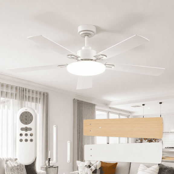 Ceiling Fans with Lights, 52" 5-Blade Downrod Mount, Remote Control, Reversible DC Motor, 6-Speed, Dimmable 3CCT LED, White