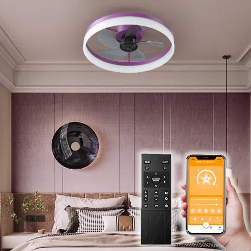 Ceiling Fans with Lights Dimmable LED Embedded installation of thin modern ceiling fans(Purple)