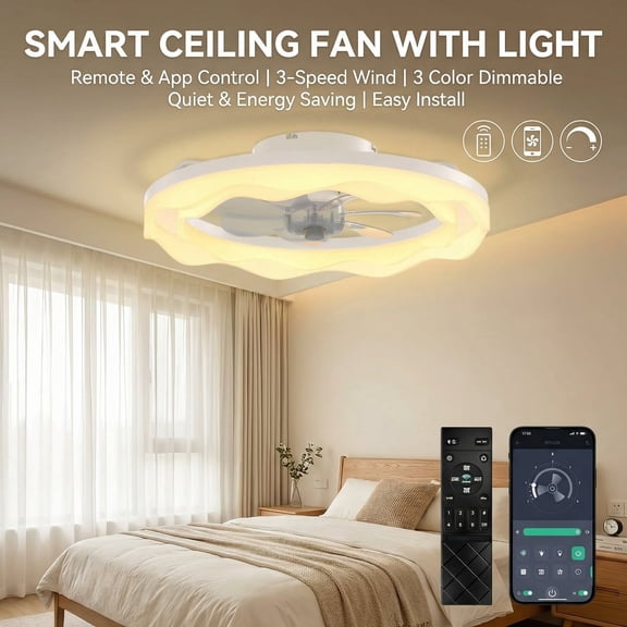 Ceiling Fans with Lights and Remote,20'' Low Profile Ceiling Fan with Light,Dimmable LED Smart Ceiling Fan,Modern Fan Light for Bedroom,Living Room
