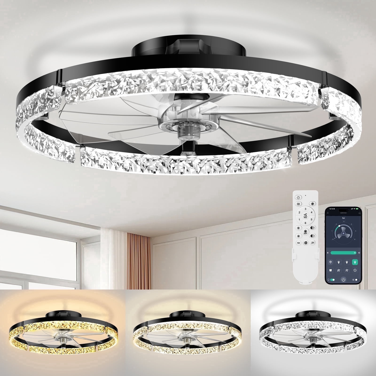 Ceiling Fans with Lights and Remote, 20'' Low Profile Ceiling Fans, 3000-6000K Dimmable Modern Flush Mount LED Fan Light
