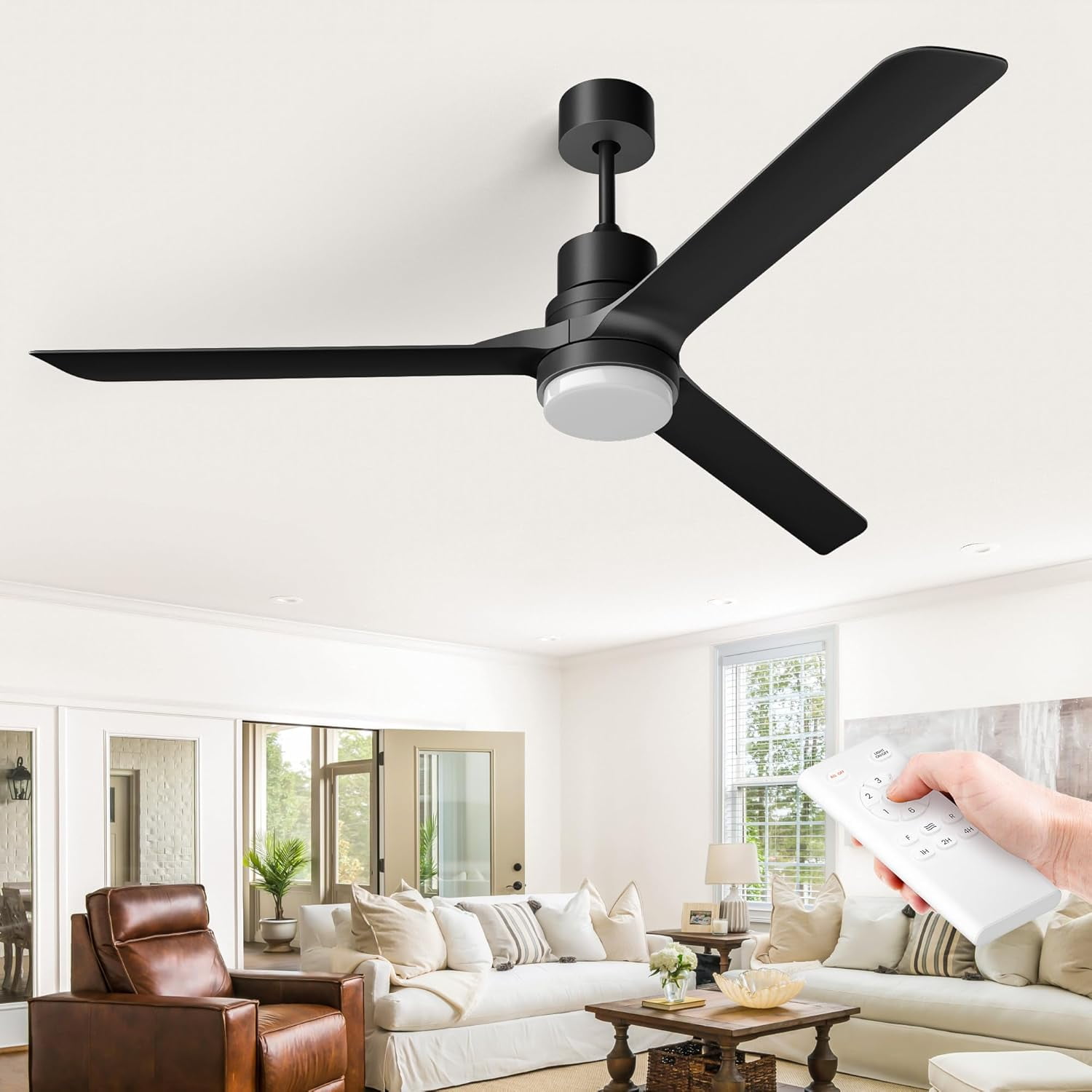 52 Inch Black Ceiling Fan with Light and Remote